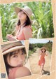 A collage of photos of a woman wearing a straw hat.